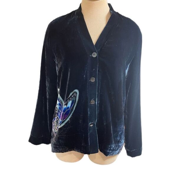 Chico’s Anniversary Collection Butterfly Silk Spruce Green Velvet Jacket Size 1 - Picture 2 of 11